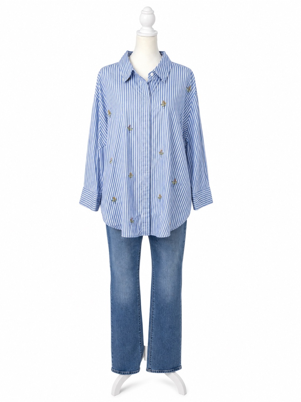 Ava Viv Blue Striped Embroidered Button-Up Shirt - - Picture 1 of 1